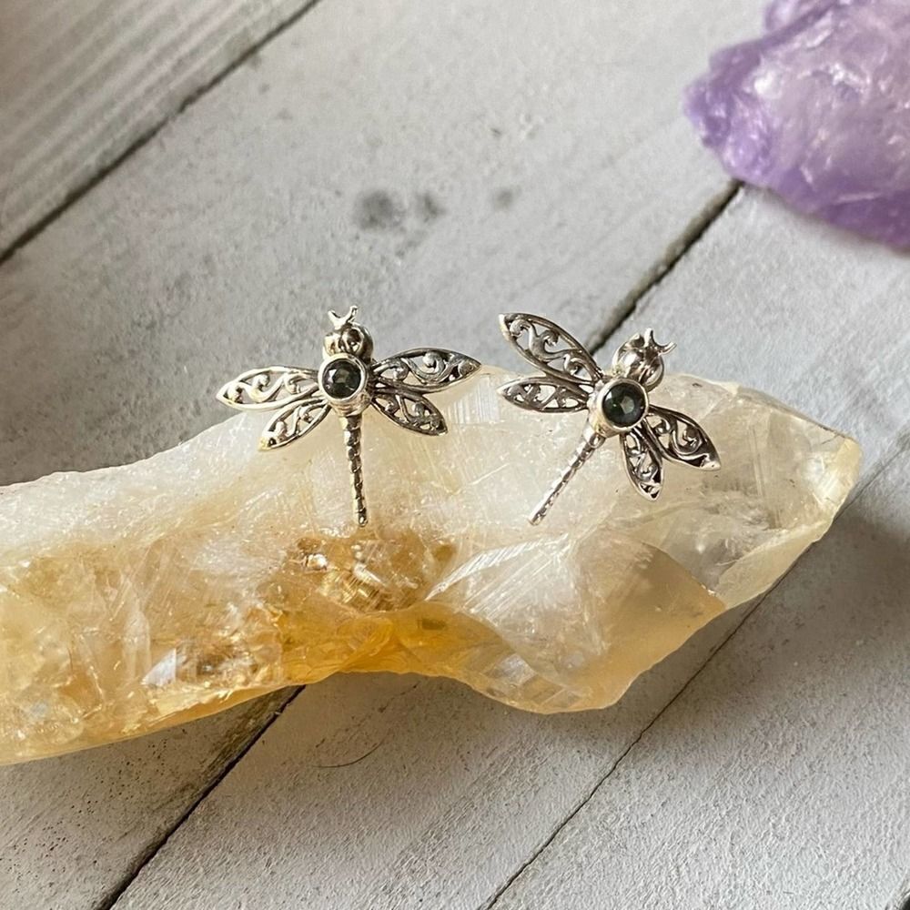 Dragonfly Filigree Rainbow Topaz Solid Sterling Earrings